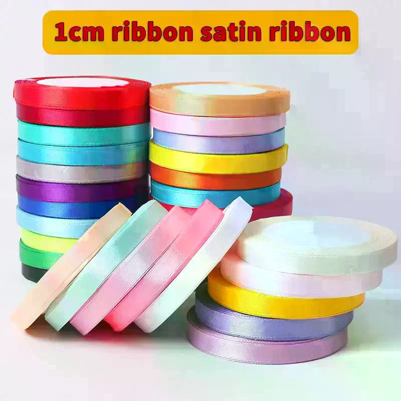 1cm (25 Yards/roll) Satin Flat Ribbon Roll Gift Flower Bouquet Packaging Wedding Birthday Ribbon Making DIY
