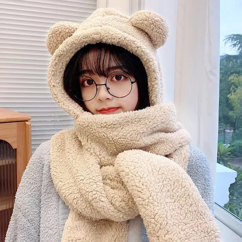 Cute Bear Ear Beanies Hat for Women Winter Warm Beanies Hat Scarf Gloves Set Women Novelty Caps Casual Plush Hats Fleece Hats