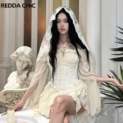 REDDACHiC Irregular Ruffle Ribbon Mini Chiffon Dress Women Victorian Lace Cross Satin Waist Trainer Party Medieval Retro Clothes