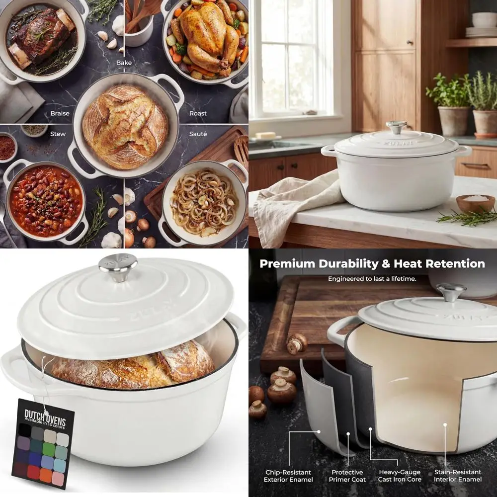 

Enameled Cast Iron Dutch Oven, 7.7 Quart, Oven-Safe to 500°, Ideal for Baking, Stews, Braising, Roasting - White