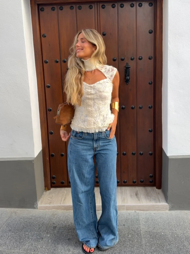 Gentle High Neck Cutout Lace Tank Top Lady Elegant Sleeveless Open Back Ruffle Slim Ivory Floral Blouse 2026 New Daily Date Wear