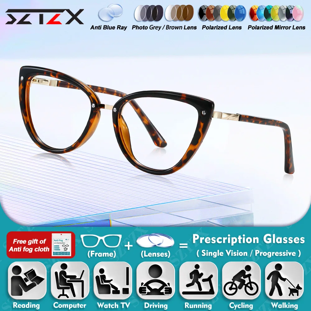 

SZTZX New Design Women's Cat Eye Frame Design Photochromic Prescription Glasses Anti Blue Ray Myopia Progressive Reading Eyeware