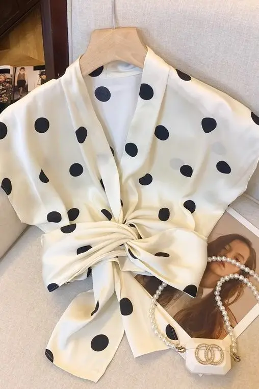 

Twist Knot Shirts Women Dots Tops Summer Sweet Bow Tie Waist Top Women Trendy Versatile Cinched Shirt Female Clothes