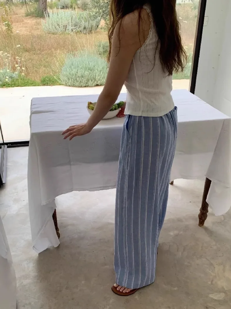 

Свободные женские синие брюки в полоску с высокой талией, прямые, удобные, для лета