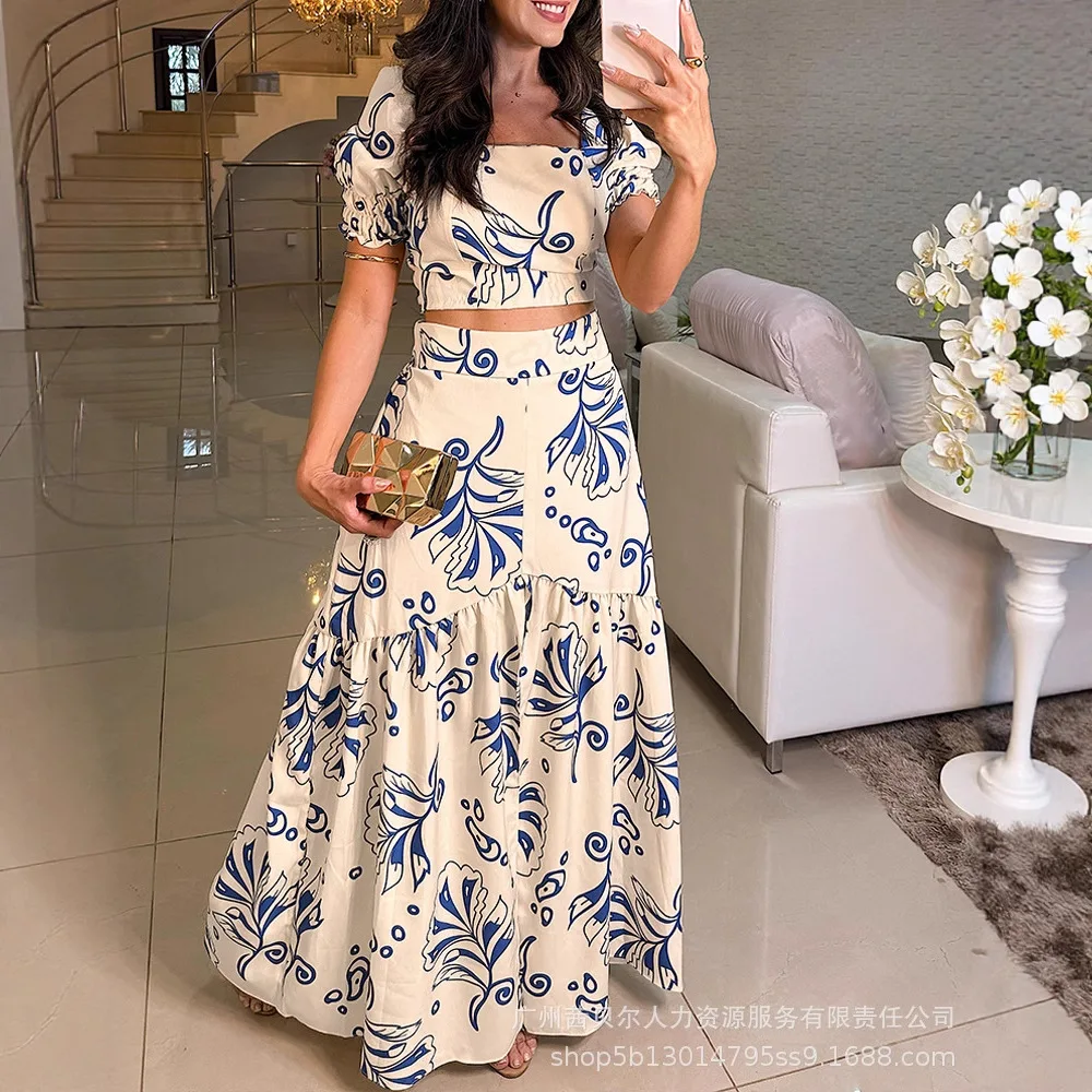 

Women Summer Sexy 2 Pieces Outfit Floral Print Square Neck Puff Sleeve Crop Top and Casual A Line Ruffles Skirt Set