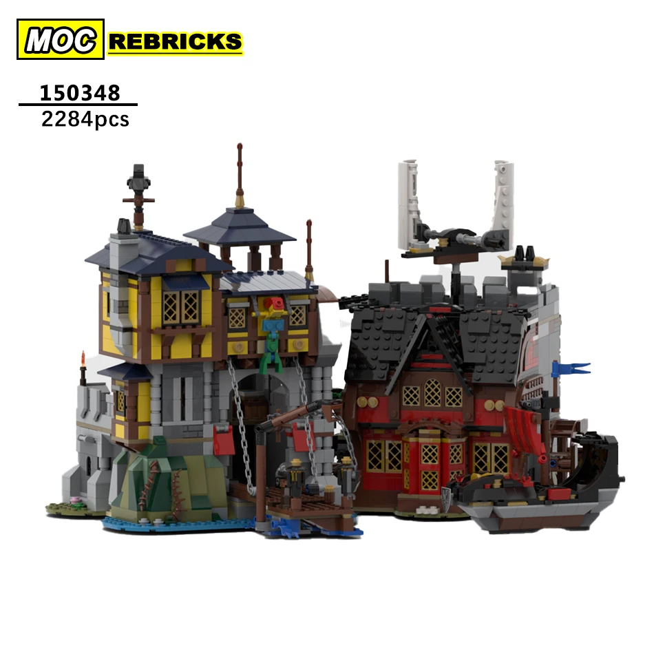 MOC Creative Medieval Castle Port and Pirate Tavern  Building Blocks Architecture Assembly DIY Model Brick Toys 2284PCS Gifts