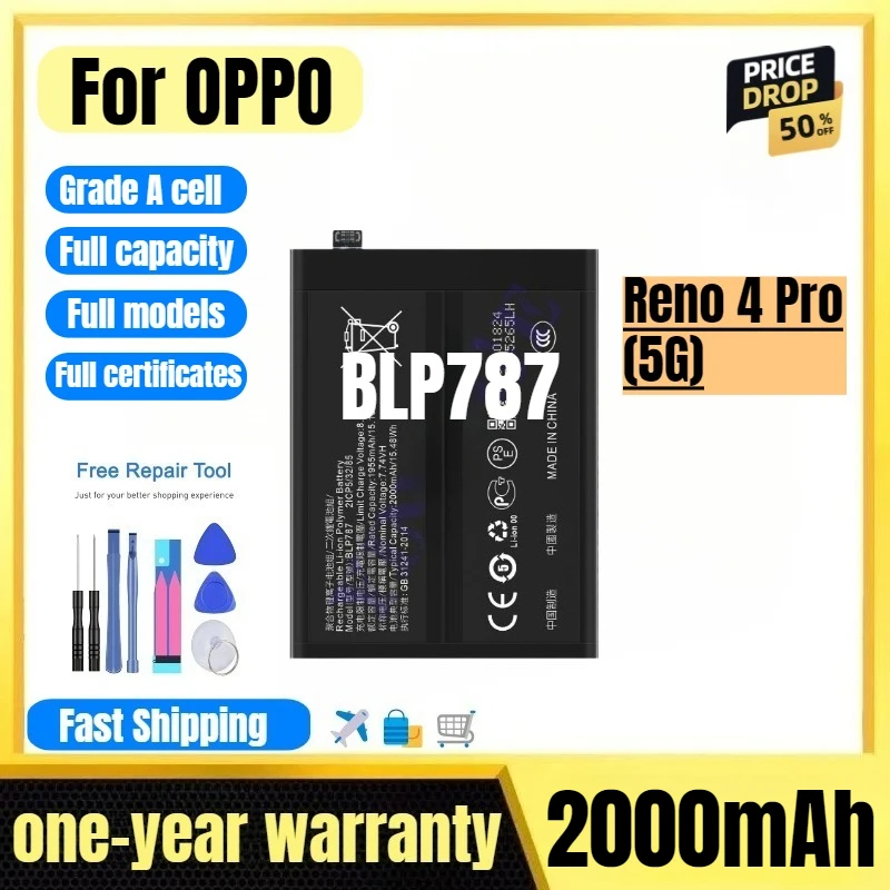 

Аккумулятор BLP787 для мобильного телефона OPPO Reno4 Pro (5G), высококачественный, большой емкости, сменный, класс А, с инструментами для замены.