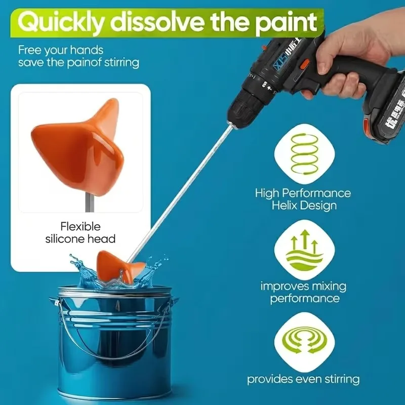 Easy-To-Clean Silicone Drill-Type Stirrer. Non-Stick Multi-Material Stirrer Paddle. Flexible Silicone Stir Head for Use in Paint