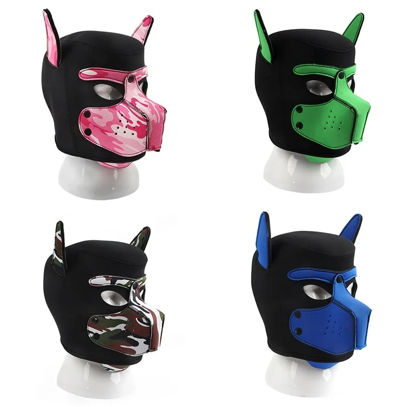 Unisex Costumes Puppy Cosplay of Men Women Open Mouth Padded Rubber Full Face Fetish Head Hood Mask Halloween Party Dog Roleplay