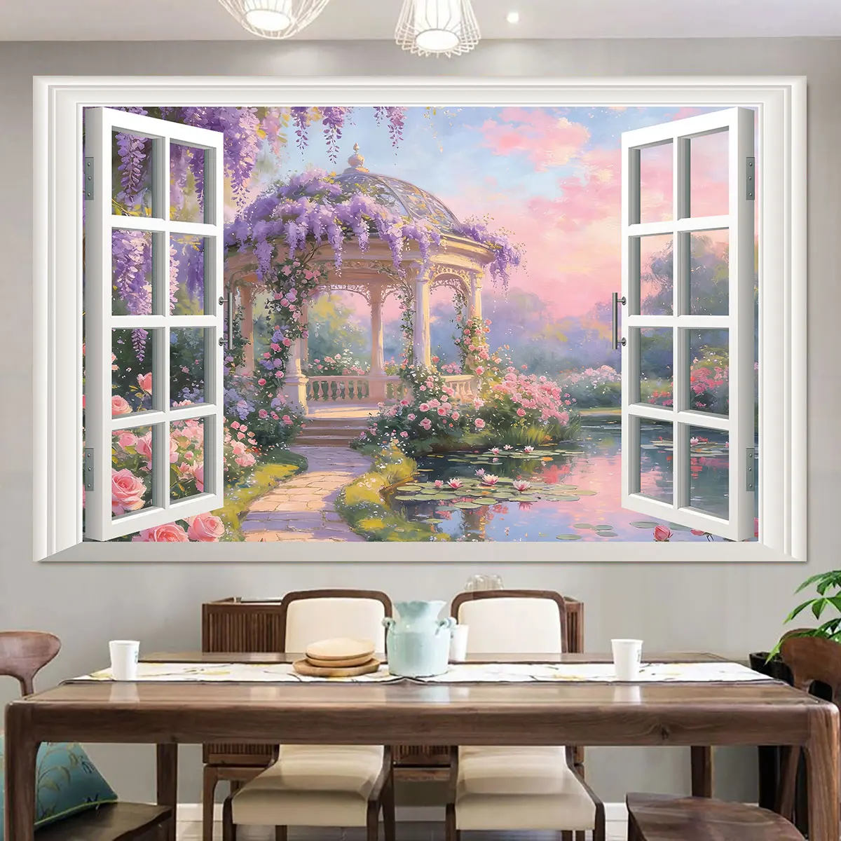 1pc Dreamy Garden Pavilion 3D Faux Window View Wall Sticker Removable Mural For Bedroom Living Room Romantic Home Wall Art De