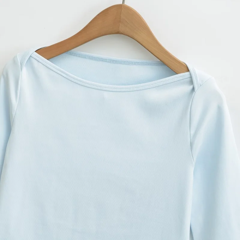 Soft Wind Ship Collar Embroidered Slim Fit Short Sleeve Bell Sleeve Arc Bottom Slimming Base Shirt Women's T-shirt