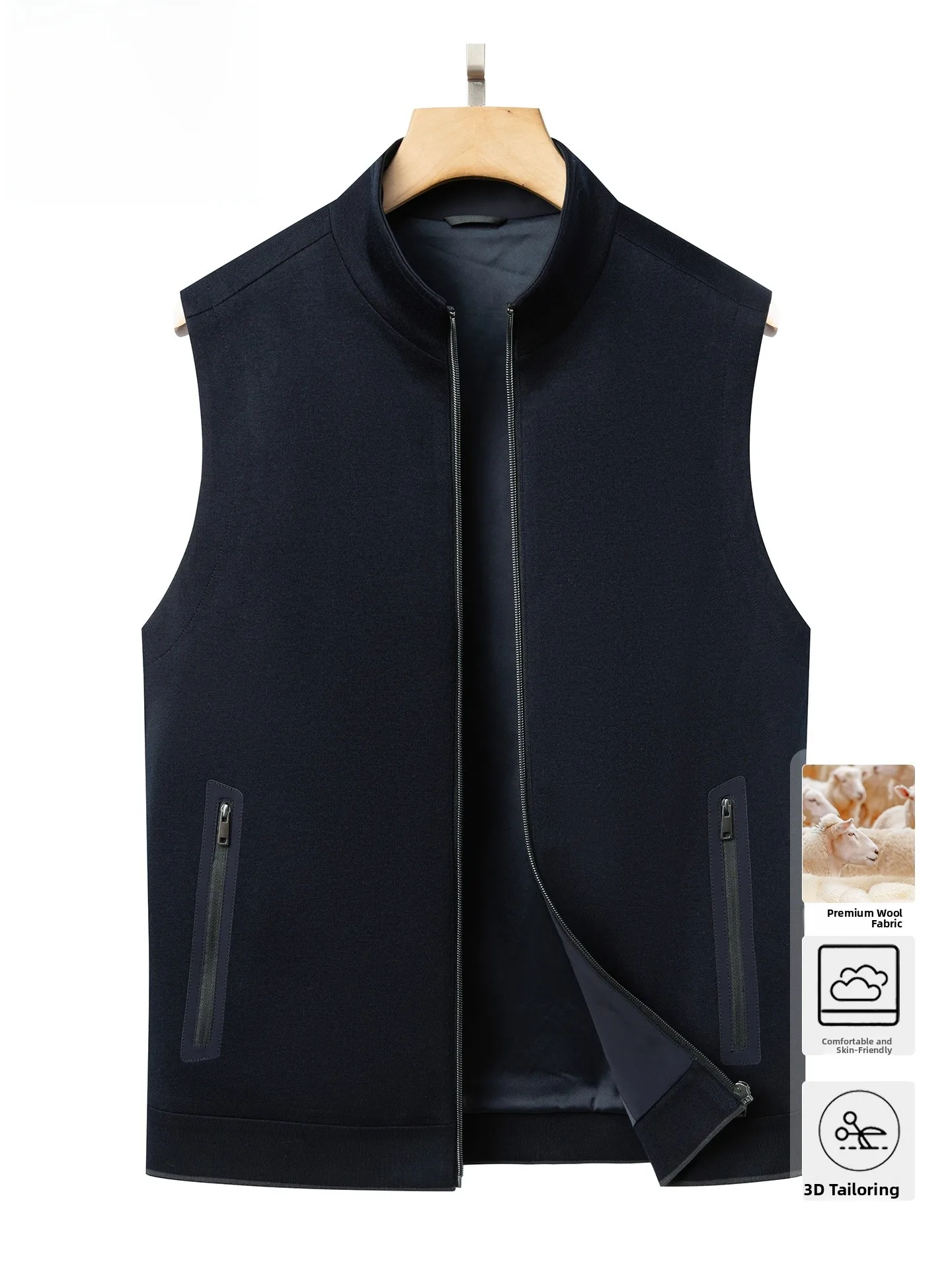 

Pierre Cardin Men's Midlife Faion Woolen Vest Spring Autumn High End Outerwear Zipper Decorated Stand Fit Busin Casual