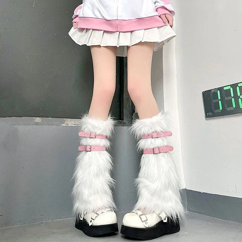 Women's Goth Fur Leg Warmers with Leather Garter Belt Y2K Japanese Lolita Ankle Warmer Cute Girl Jk Knee High Boots Slouch Socks