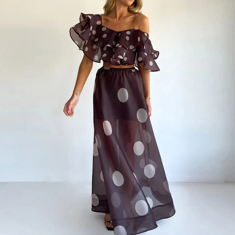 

Short off shoulder top and skirt two-piece set for women's casual short sleeved long skirt set printed holiday skirt set