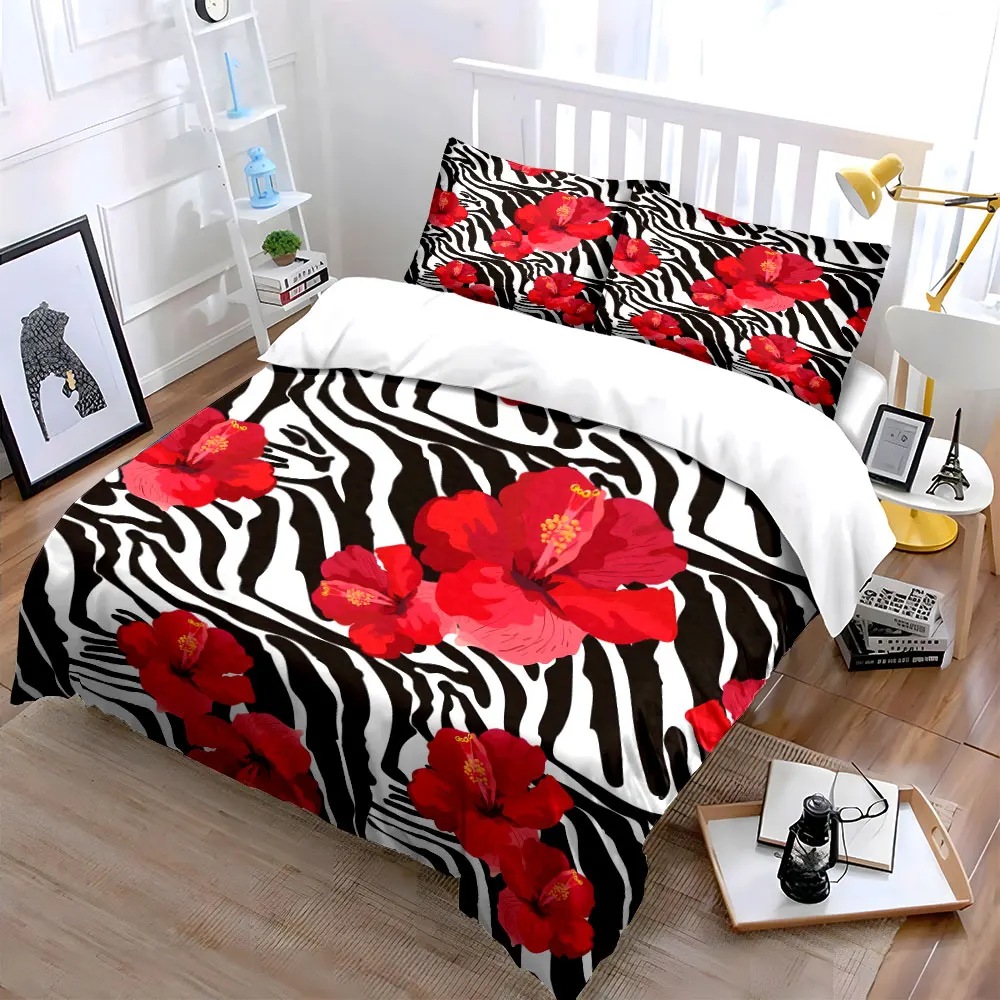 Zebra Pattern Floral Decor Set Bedding Set with 1 Duvet Cover 2 Pillowcases Single Double King Queen, Gift