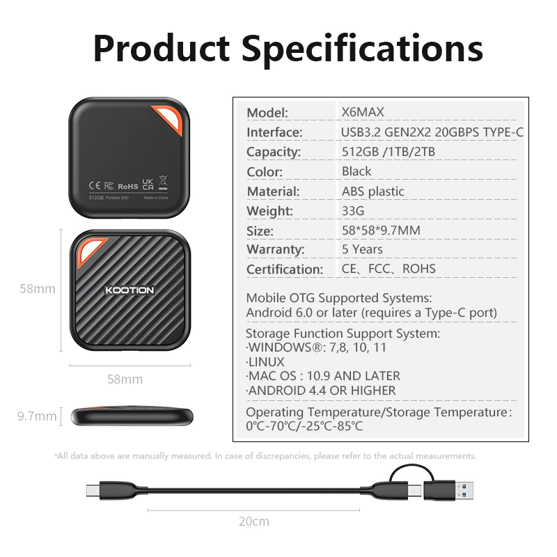 KOOTION X6Max Portable SSD 1TB 512GB USB-C PSSD USB 3.2 External SSD Gen 2x2 Portable Solid State Drive for iPhone15 16 PC Mac image 6