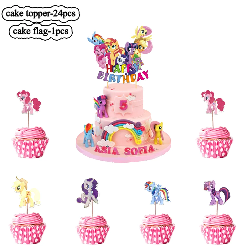 Cartoon Little Pony Cake Decoration Hand Cupcake Toppers Sling Birthday Decor Kids Girls Party Decorations Baby Shower Favors