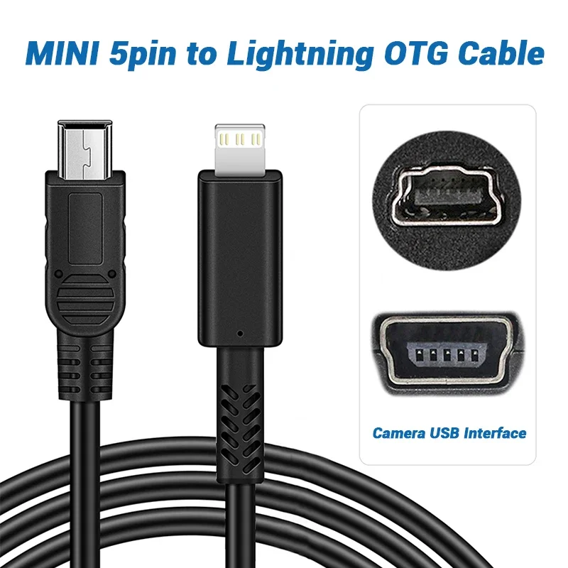 OTG Cable Lightning to MINI 5PIN for iOS 14/13/12/11/7/6/5 Phones Data Sync & File Export for Canon Cameras Support
