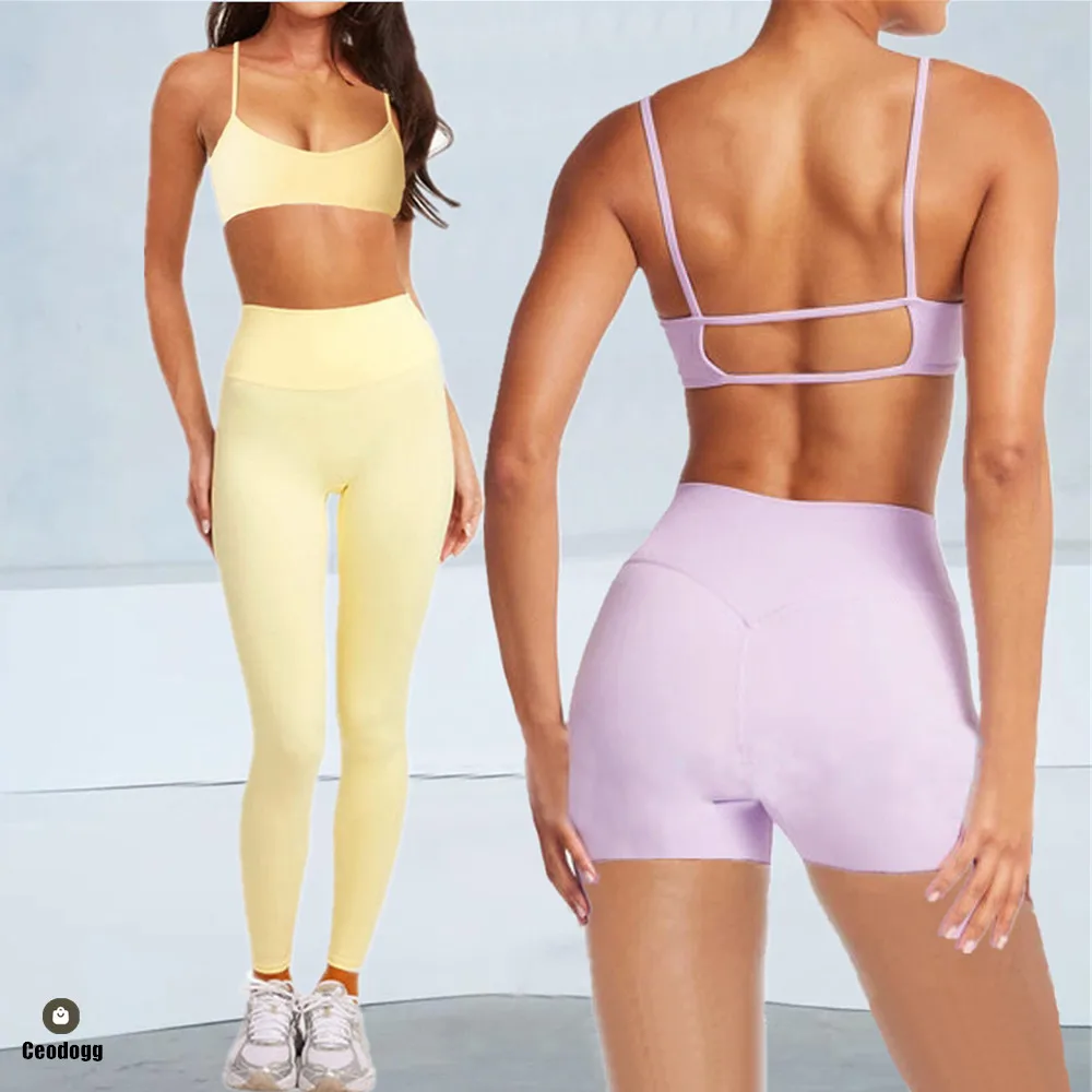 

2PCS Yoga Set Outfit For Women Strappy Back Sports Bra Nude Athletic Leggings Fitness Gym Exercise Running Wear XP108