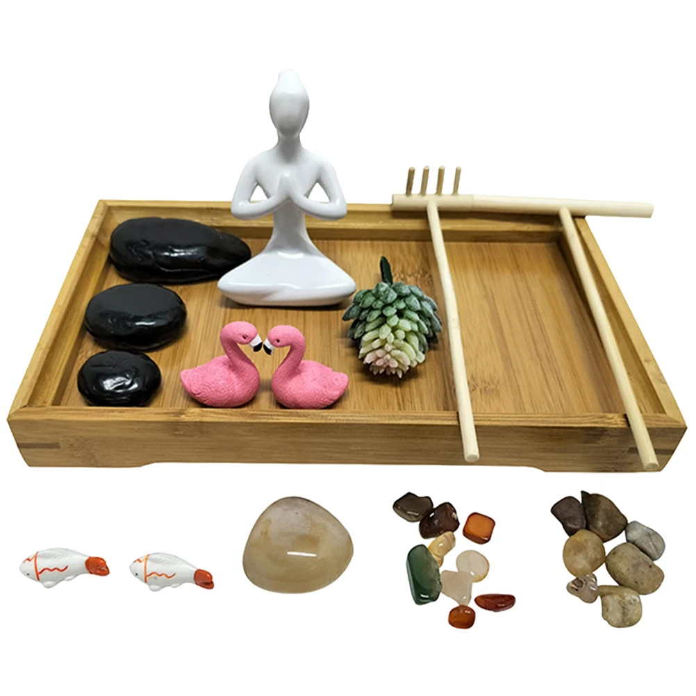 

1 set Bamboo Zen Kit Mini Landscape Sandbox Decor for Desk Desk Adornment Office Home Meditation Table Ornament Sand Toy