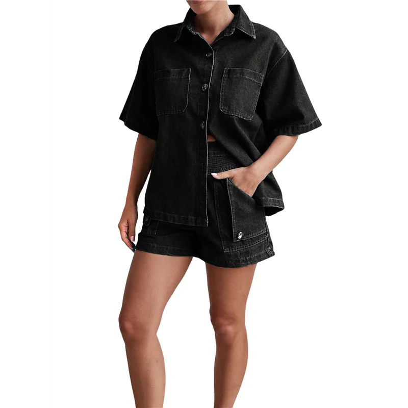 

ABRT-Женские комплекты из двух предметов, укороченные синие джинсовые рубашки на пуговицах с короткими рукавами, комплекты джинсовых шорт с высокой талией