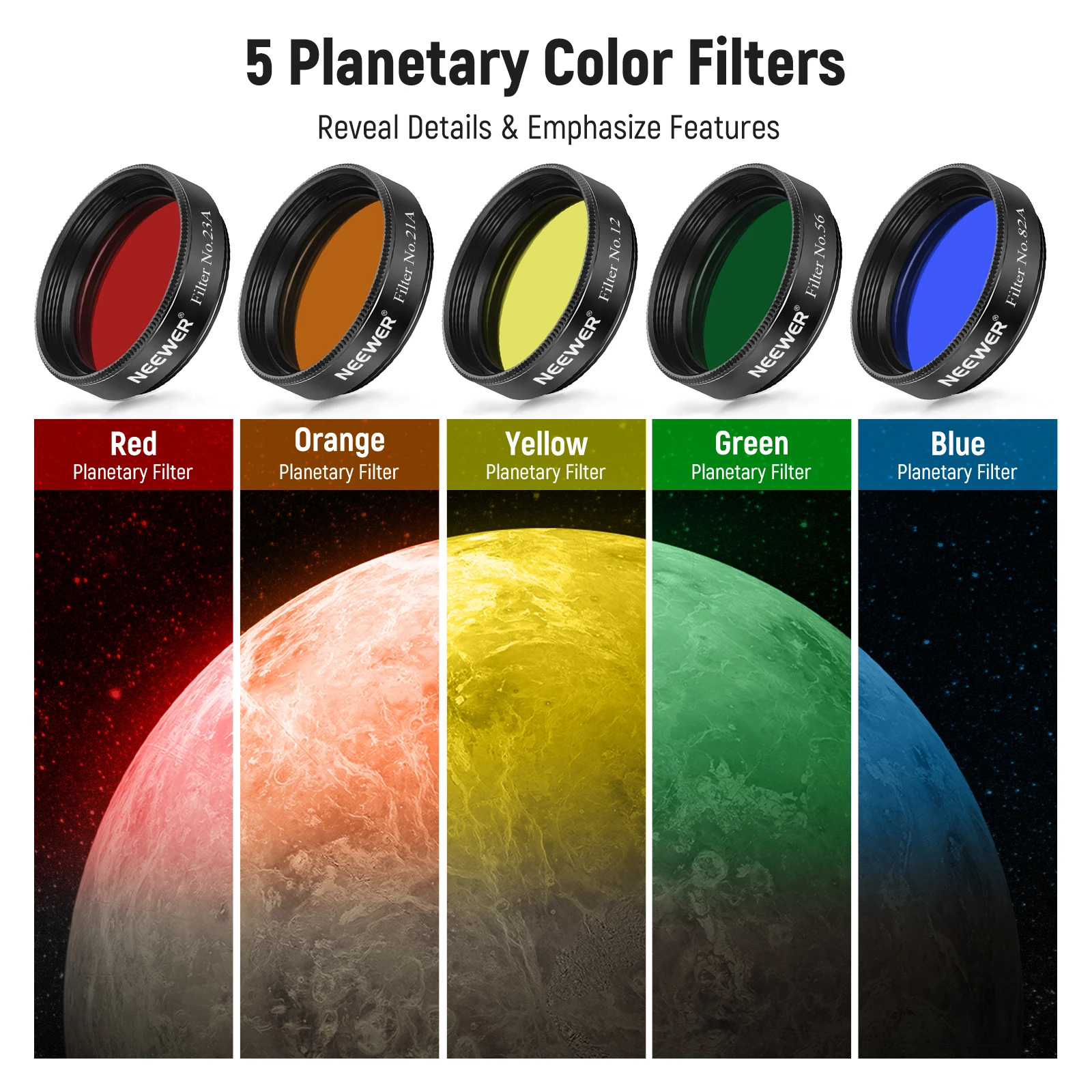 NEEWER 10-teiliges 1,25-Zoll-Teleskop-Okularfilter-Set, 5 Planeten-Farbfilter, 2 Polarisationsfilter für die Sternenhimmel-Mondbeobachtung – Detail 3