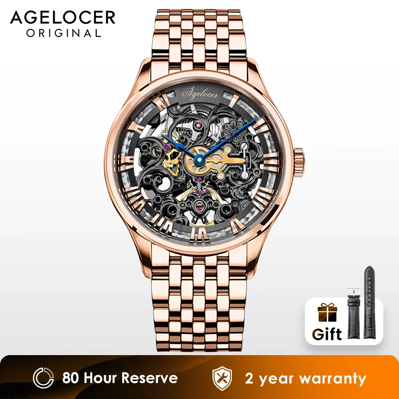 AGELOCER Original Baroque Art Carved Watch Men\'s Luxury Gold Watch Skeleton Automatic Mechanical Watch Birthday Gift for Men