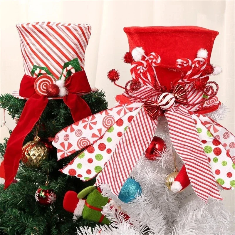 

Рождественская елка, цилиндр, украшение, конфетная полоска, бант, топпер для рождественской вечеринки, домашний праздничный декор, праздничный бант