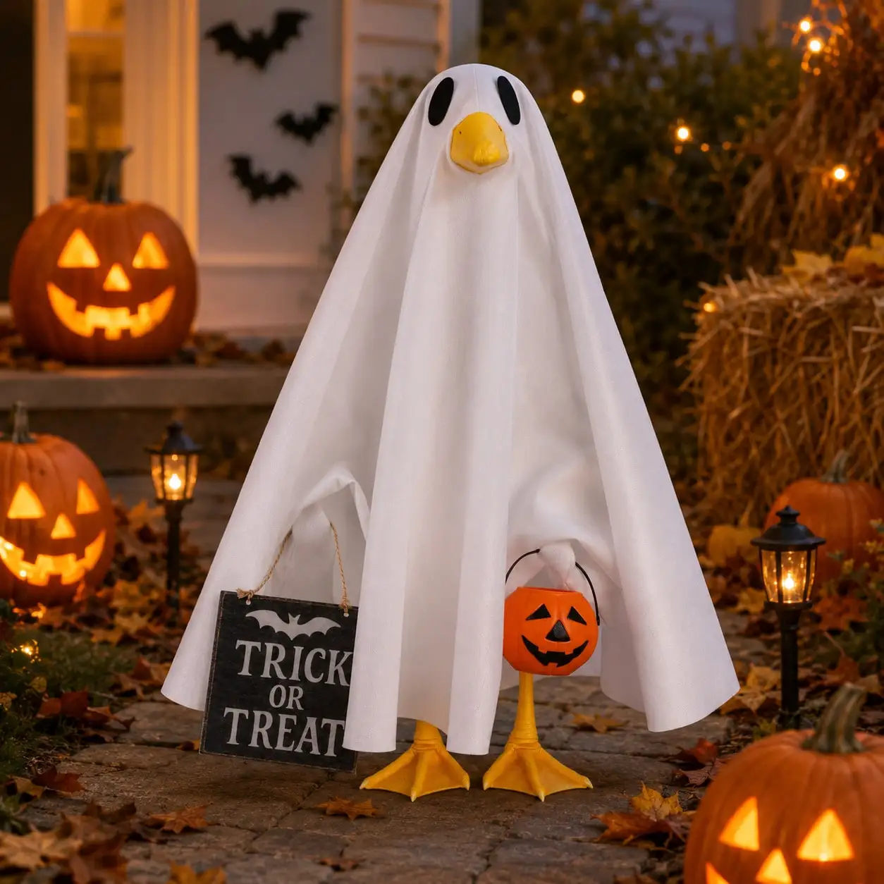3pcs Halloween Porch Goose Costume Ghost Style With Accessories, Suitable For Plastic Cement Goose Statue Yard Garden Lawn Goose Clothes, 23 Inch Autumn Ghost Porch Goose Set, Patio Outdoor Decor