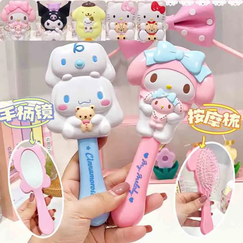 

New Sanrio My Melody Cinnamoroll Kawaii Cartoon Cute Hello Kitty Shape Handle Mirror Massage Airbag Comb Fashion Toy Girls Gift