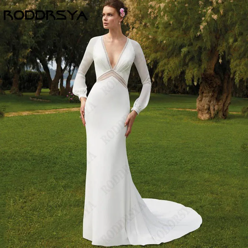 RODDRSYA Deep V-Neck Satin Bridal Party Long Sleeves Mermaid Wedding Dresses For Women Back Buttons Vestido De Novia Custom Made