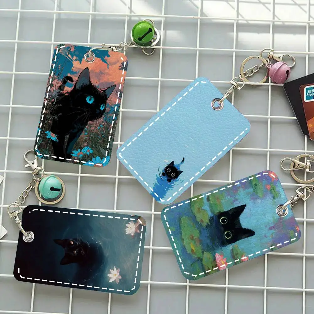 Interesting Black Cat Flower Card Case Keychain Access Card Bag Key Tag Ring Leather Card Holder Key Ring Access
