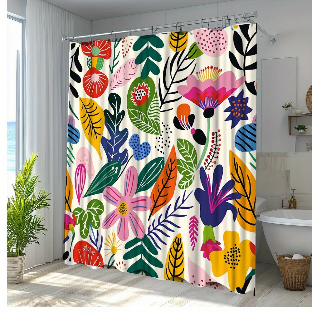 1pc Vibrant Tropical Botanical Floral Shower Curtain - Nature-Inspired Design with Artful Leaves and Blossoms