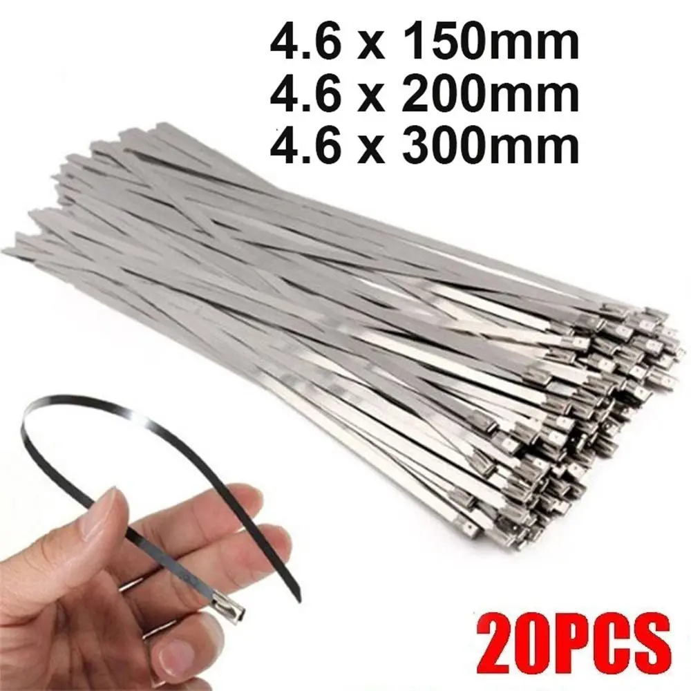 20Pcs 304 Stainless Steel Cable Ties 4.6mm Heavy Duty Self-Locking Cable Zip Tie Multi-Purpose Metal Exhaust Wrap Locking Ties