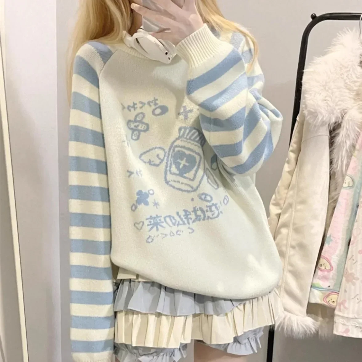 Striped Zipper Y2k Subcultural Women's Long Sleeve Sweater Round Neck Autumn Winter Preppy Style Sweet Loose Kawaii Knitted Top