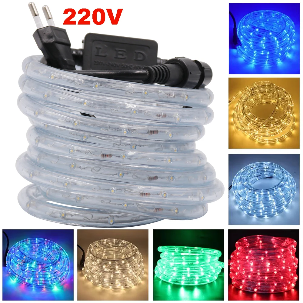 Bande lumineuse LED ronde à 360 degrés, 220V, étanche, arc-en-ciel, blanc chaud, bleu, rouge, corde lumineuse pour décoration de fête de noël