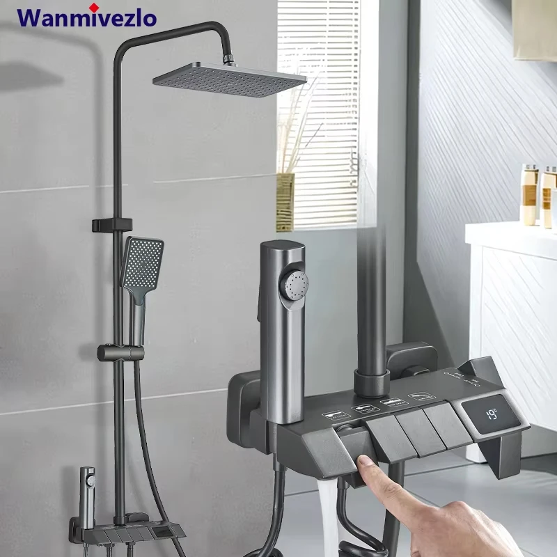 Juego de grifería de ducha con pantalla Digital inteligente, sistema de baño de lluvia estilo Piano, grifo mezclador Digital gris, ducha de bidé