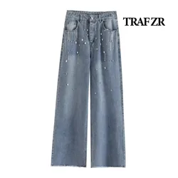 TRAF ZR Women's Joggers Streetwear Jeans Denim Y2k High Quality Luxury Woman Pants Baggy Trousers New Wide Leg Rhinestones