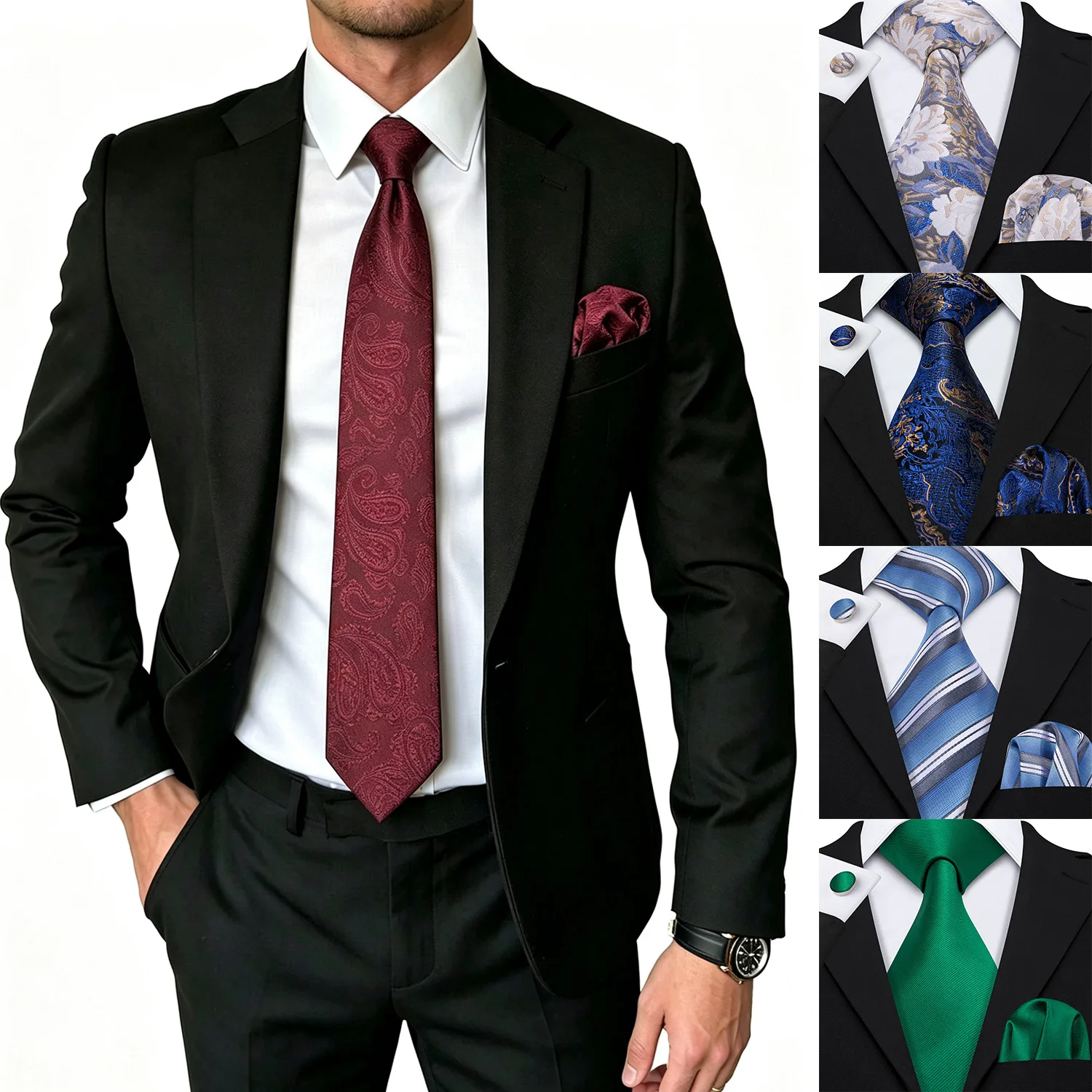 Floral Paisley Striped Solid Mens Tie Set 3 Piece, Necktie Pocket Square Cufflinks For Formal