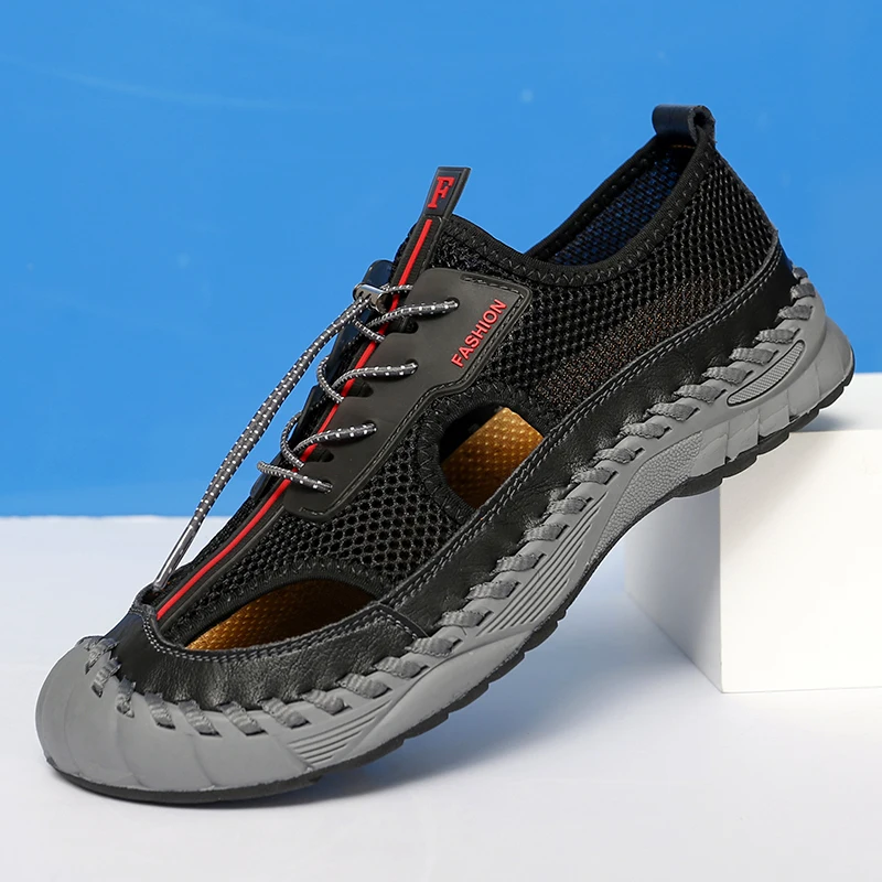 Summer New Men's Mesh Shoes Hollow Breathable Sandals Beach Shoes Men's Outdoor Camping Shoes Trend Casual Shoes Thick Sole