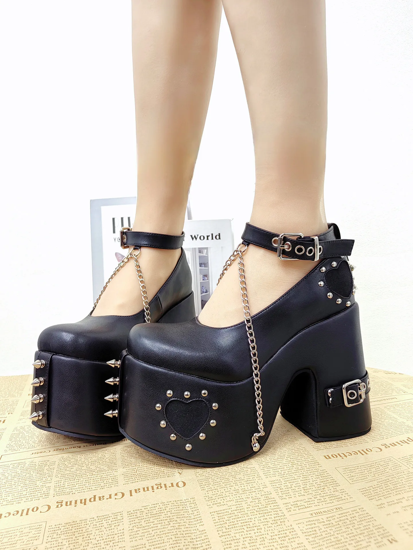 Punk Black Platform Mary Jane Shoes Studded Chain Buckle Gothic Chunky Heel Shoes Japanese Princess Single Shoes