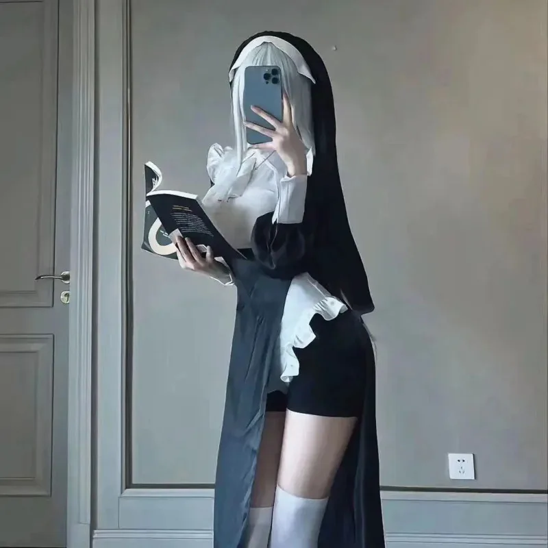 Freira terno role play halloween uniforme de natal sexy vestido de empregada irmã traje branco peruca longa tg8885b;4.f'7;j,3'