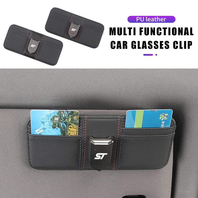 Car Sun Visor Glasses Clip Leather Cards Holder Storage Pocket For Ford ST Line Racing RS S Kuga Fiesta Fusion Edge Focus Mondeo
