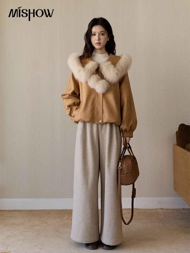 MISHOW Women's French Style Fox Fur Collar Faux Suede Cropped Jacket Lantern Sleeve Warm Short Coat for Fall Winter MXE94W1047