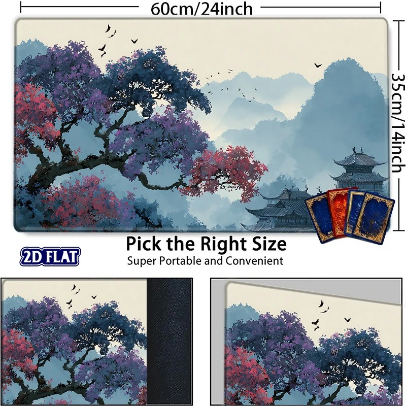TCG game mat, aesthetic ink-wash landscape, featuring distorted trees and tower patterns, compatible with TCG/CCG card games