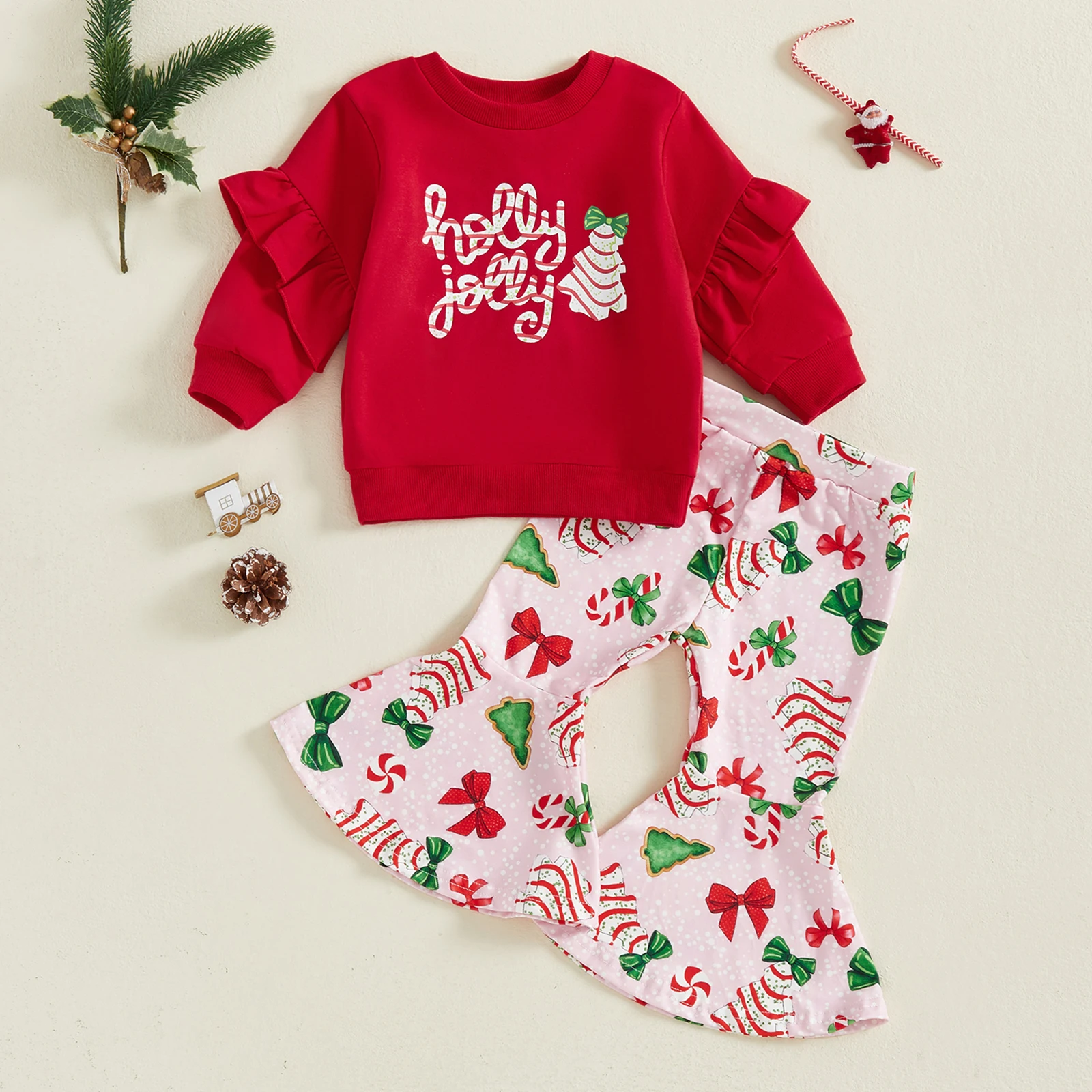 

Toddler Girl Christmas Outfits Long Sleeve Round Neck Pullover + Elastic Waist Bow Tree Print Flare Pants 2 Pcs Set