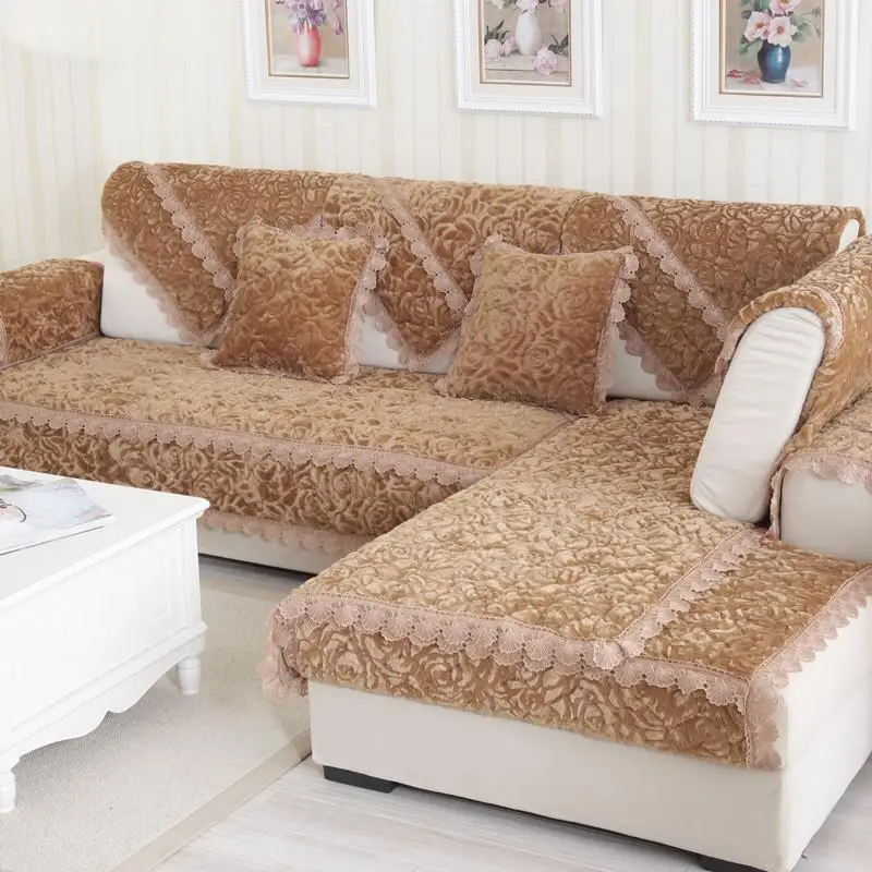 High-End European Thick Flannel Sofa Cushion Fashion Rose Anti-Slip Sofa Cover Sofa Scarf Cover Soft Plush Pure Color Home Fa...