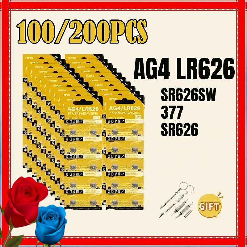 

Hot 100/200PCS AG4 LR626 1.55V Alkaline Watch Battery 377 SR626 177 626A 377A CX66W For Toy Calculator Car Key Clock Button Cell