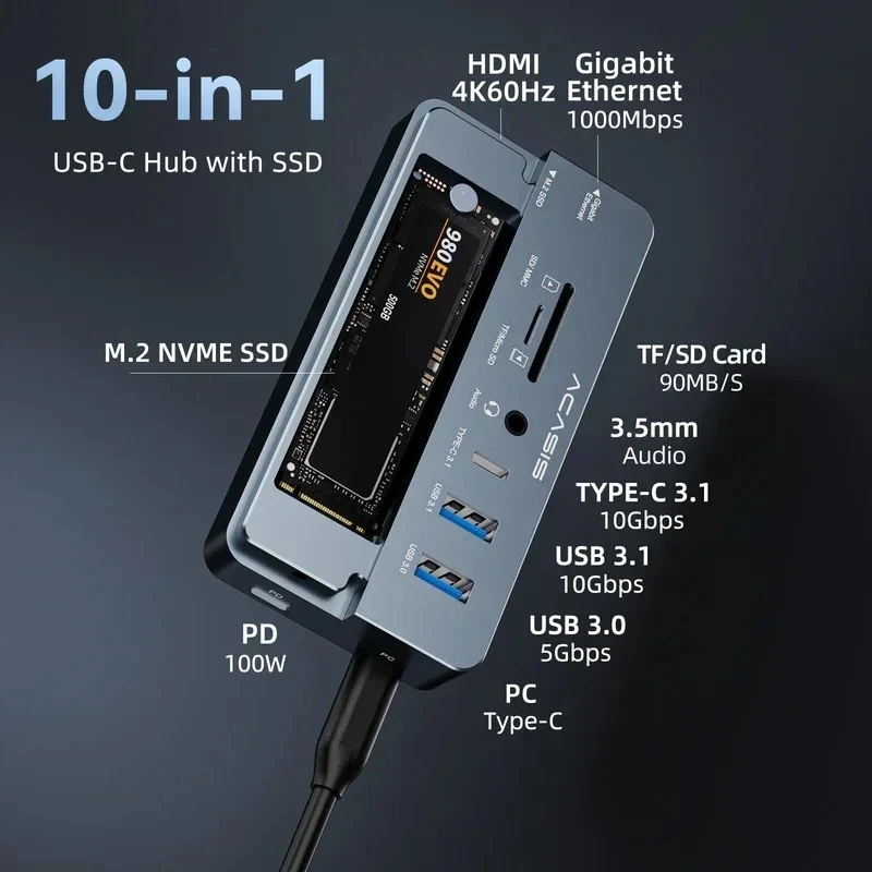 ACASIS 10-in-1 USB C 도킹 스테이션 10Gbps M.2 NVMe SSD 인클로저용 4K@60Hz HDMI 100W PD RJ45 기가비트 이더넷…