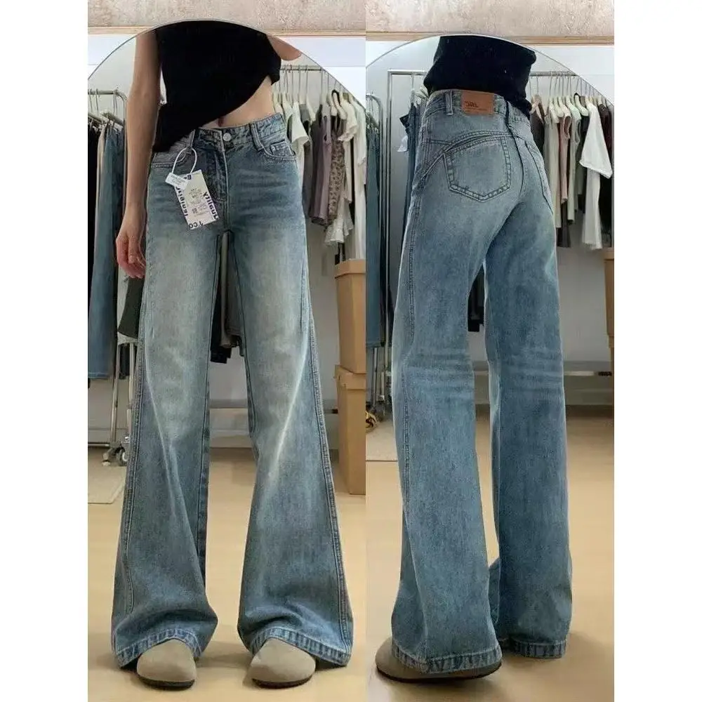 

American Retro Low Waist Flared Jeans Women's New Design Loose Slim Straight Floor Length Bell Bot Casual Cotton Blend